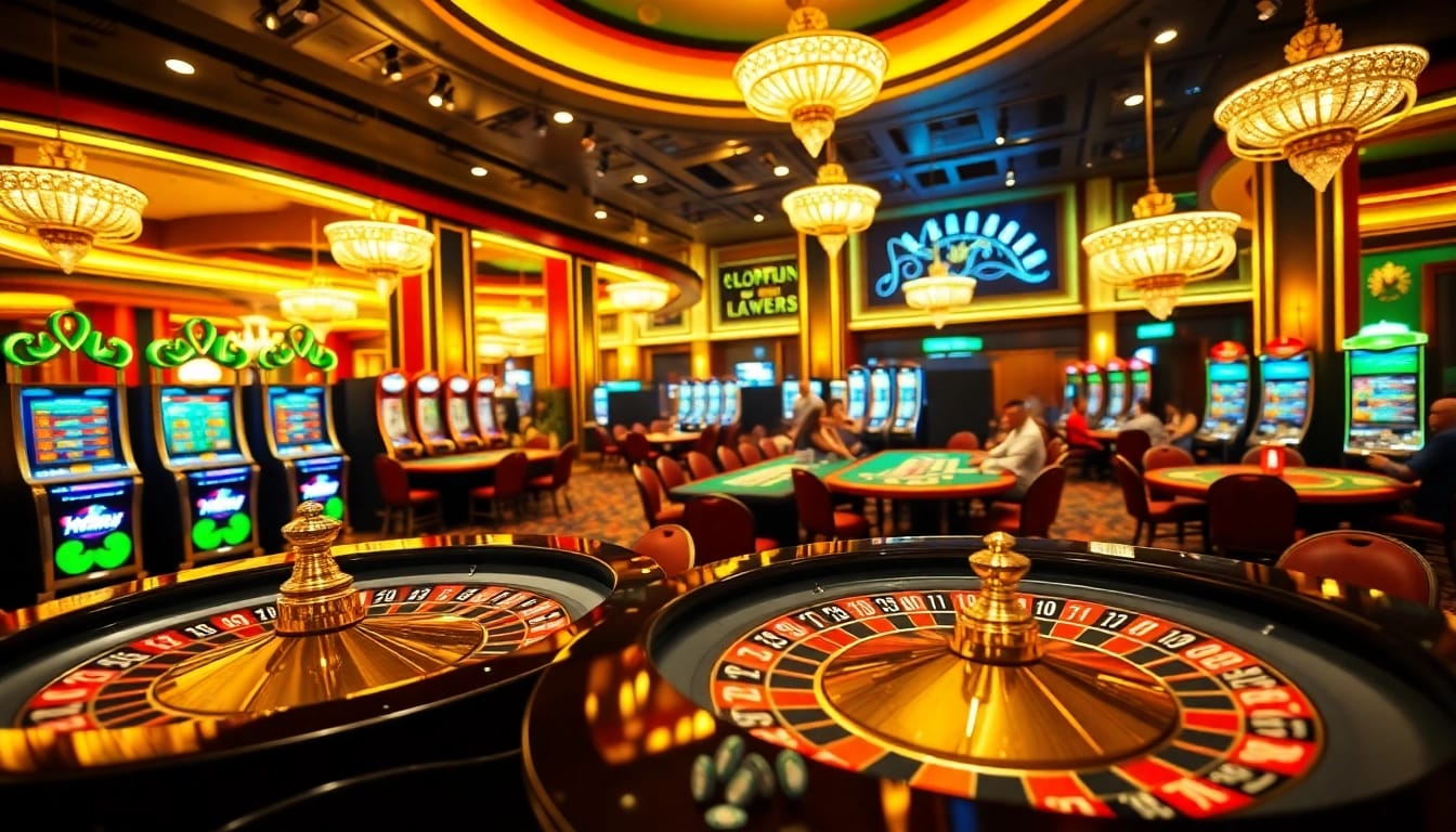 Experience the thrill of NOHU90 with players enjoying roulette, poker, and slot machines in an upscale casino.