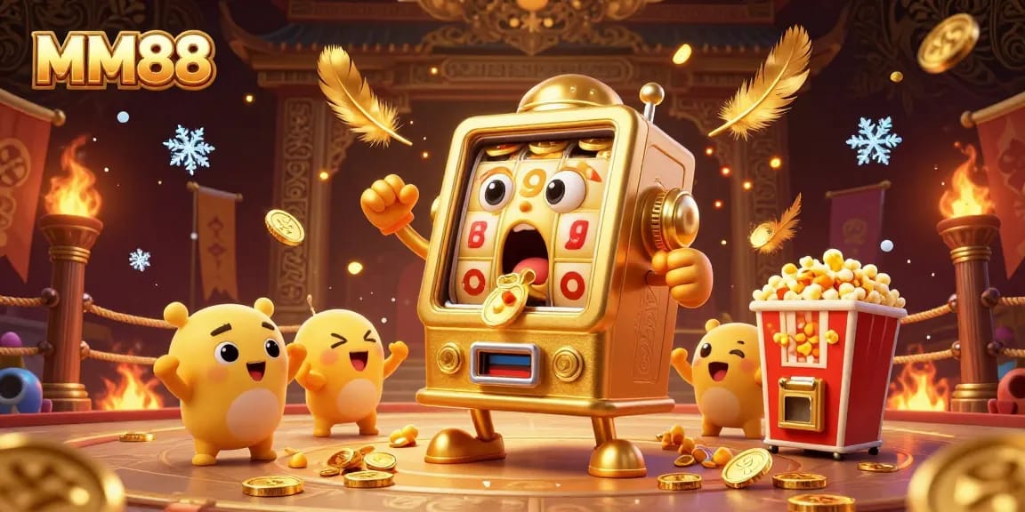 Experience the excitement of MM88 as the golden slot machine hits a jackpot amidst a lively casino scene.
