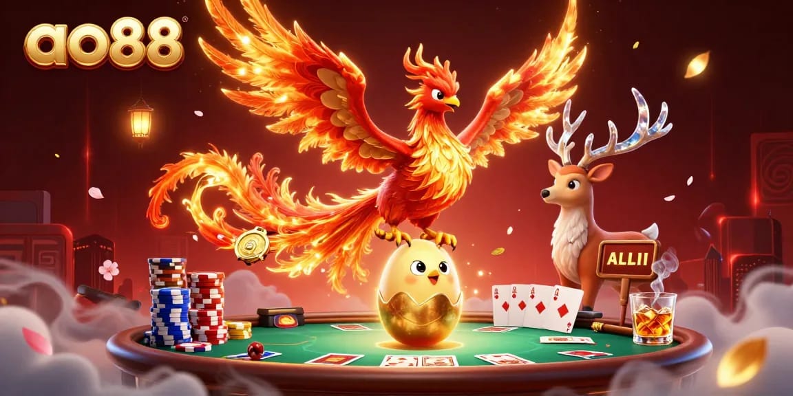 Join the excitement at ao88 with a dynamic poker scene featuring a phoenix, chips, and winning hands.
