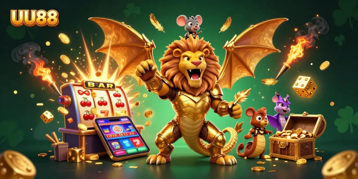 Experience the thrilling atmosphere of UU88 casino with a dynamic chimera, jackpot slots, and vibrant game elements.