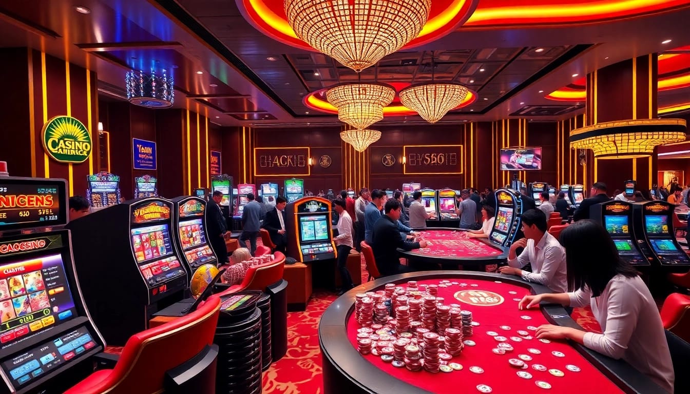 Engaging players enjoying classic casino games at RR88, surrounded by vibrant slot machines and poker chips.