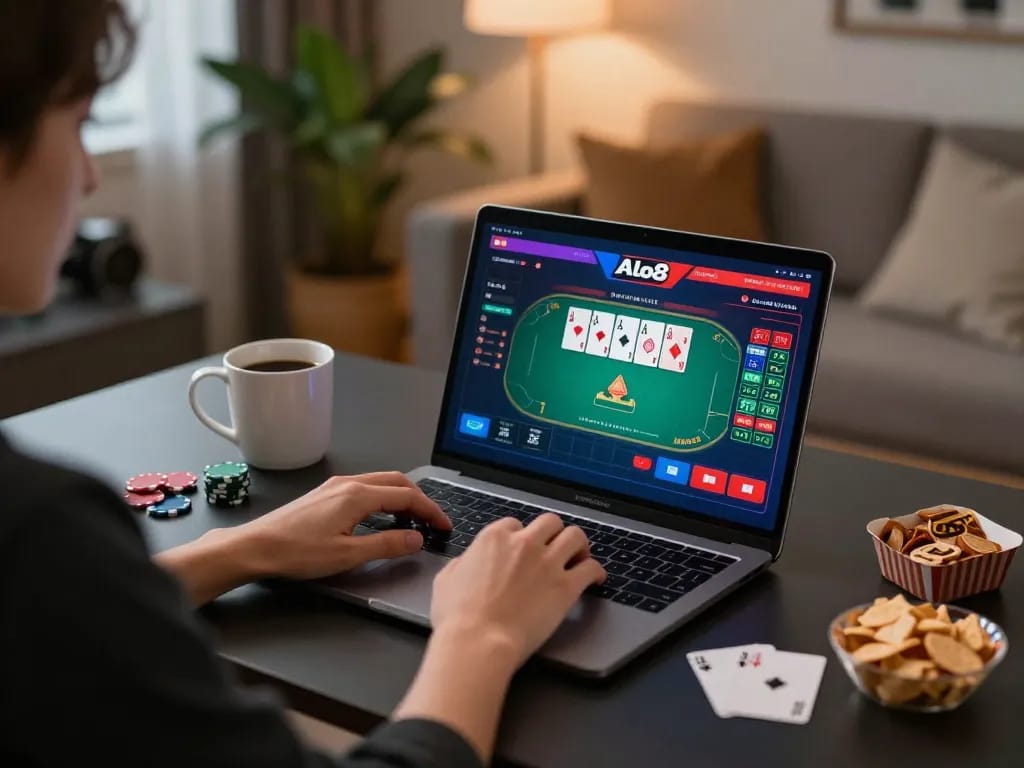 Engaging in online ALO8 games from a cozy home setup with laptop and strategy notes.