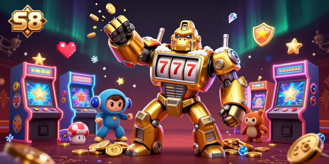 Win big with S8's gaming universe featuring a golden gorilla mech and dynamic casino elements.