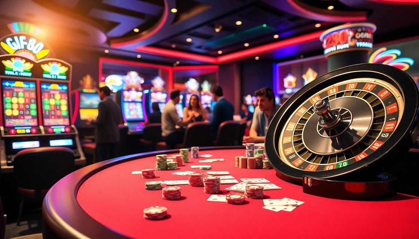 Players enjoy games at the vibrant GG 88 casino, surrounded by colorful slot machines and a roulette wheel.