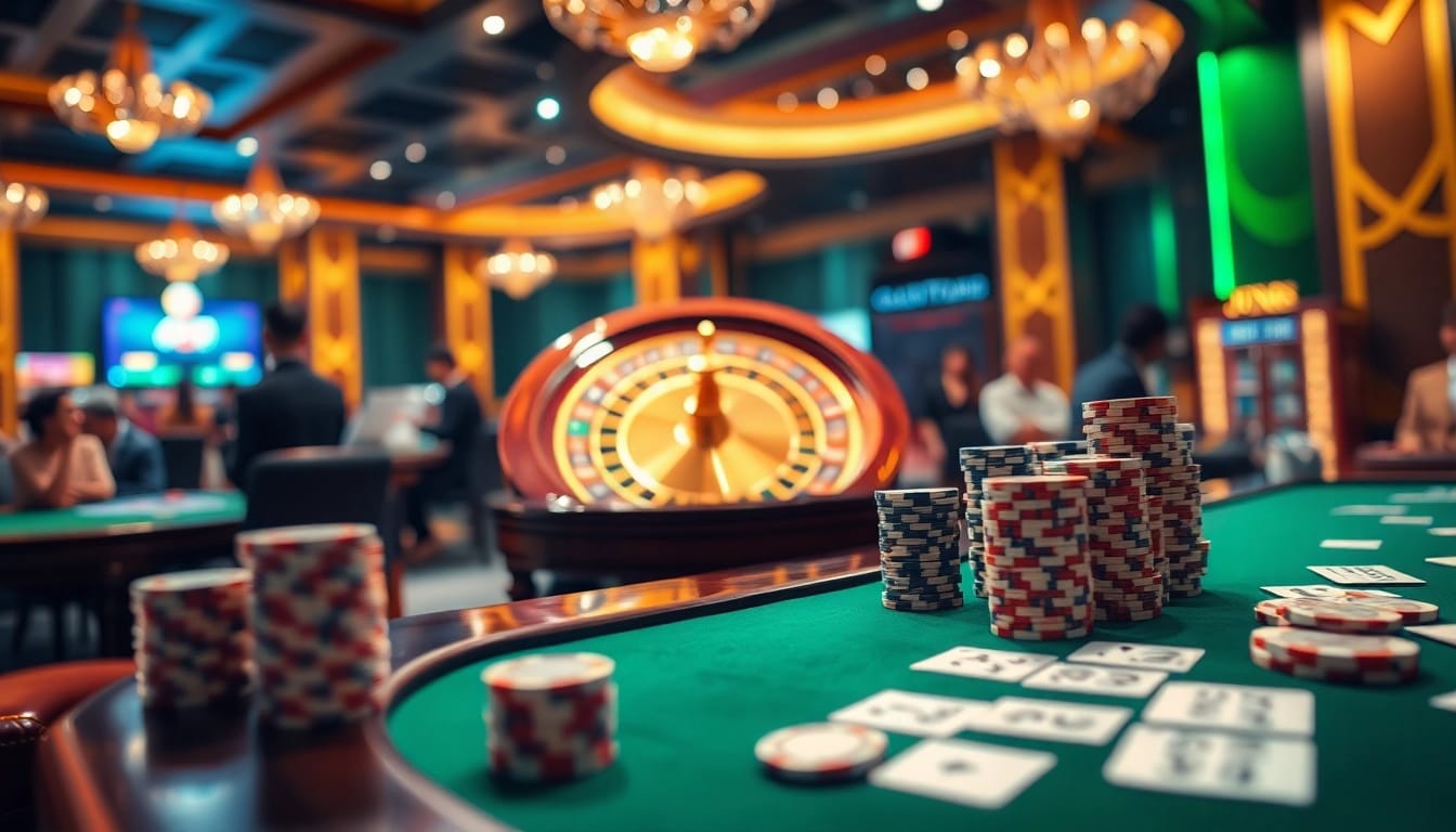 Experience the excitement of Jun88 with vibrant casino games, roulette wheel, and poker chips.
