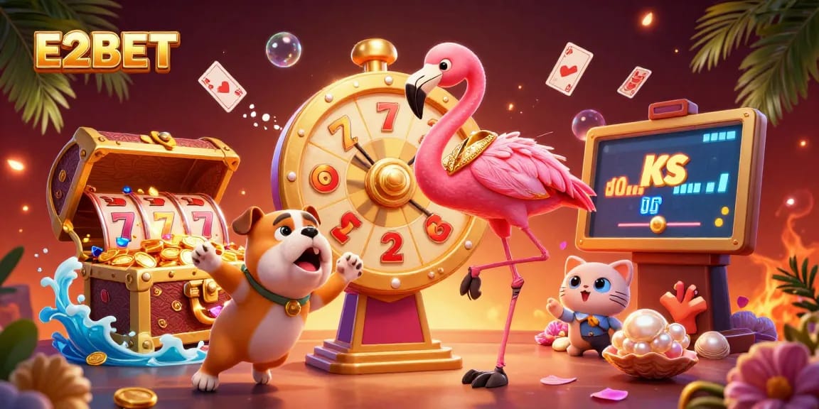 E2BET brings slots to life with a vibrant game show scene, featuring engaging characters and dynamic elements.