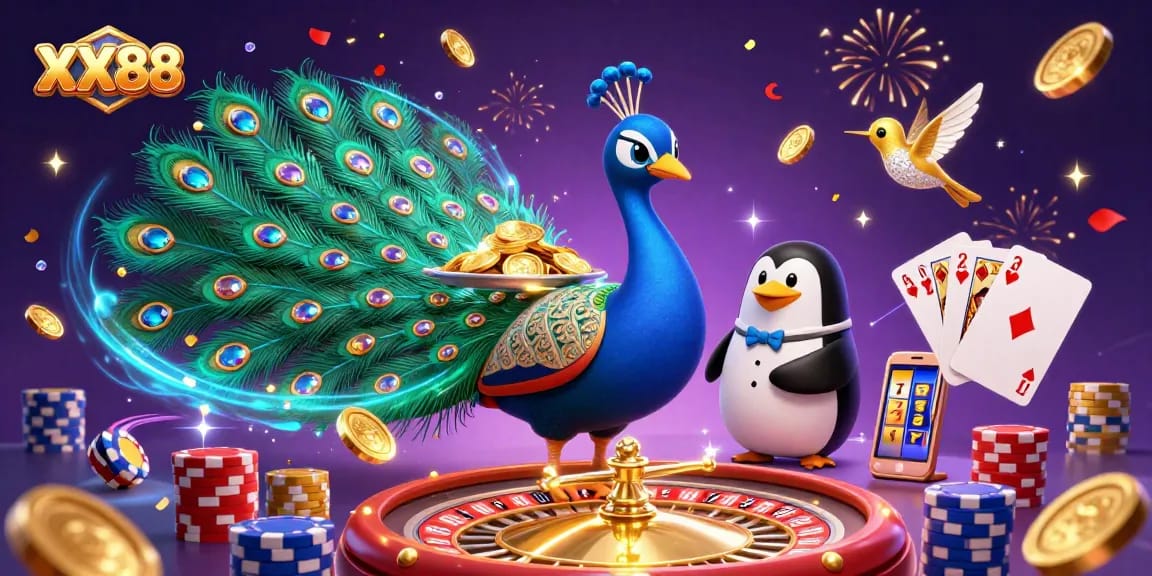 Players win big on XX88 with a spectacular casino scene featuring a peacock and gold chips.