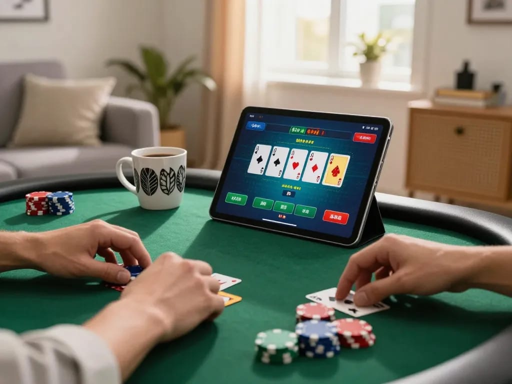 Engaged player exploring hu online poker game interface on tablet in cozy living room.