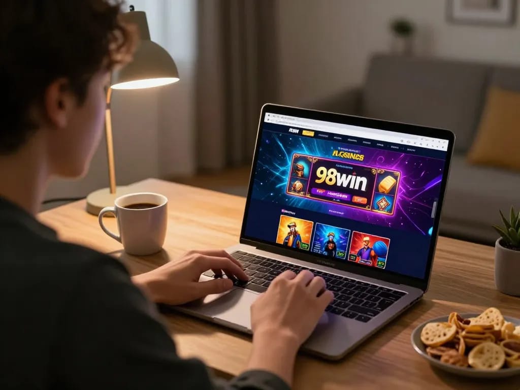 Engaging scene of a player enjoying 98win online casino at home with a laptop, highlighting excitement.