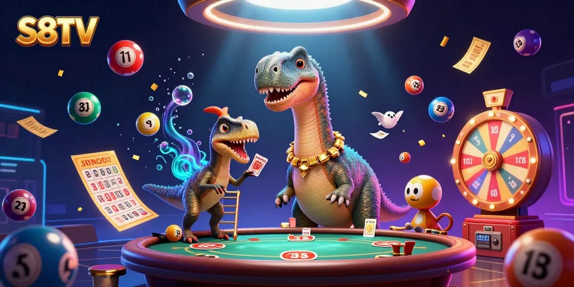 S8TV delivers high-stakes excitement with cartoon dinosaurs and lottery elements in a colorful casino scene.