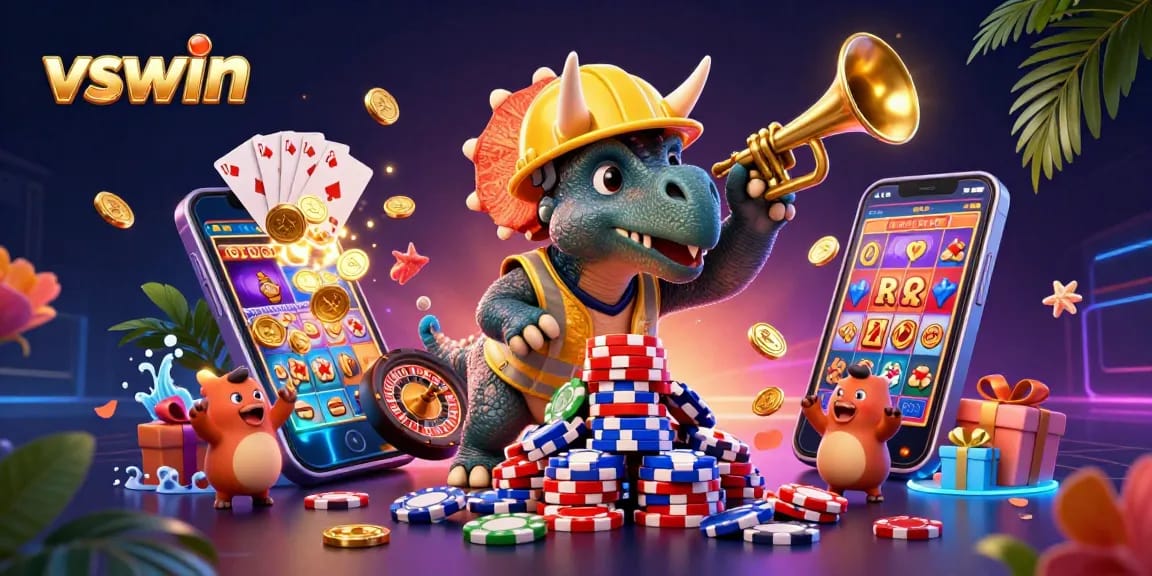 Engage with VSWIN in a vibrant 3D illustration showcasing thrilling gaming elements and celebratory characters.