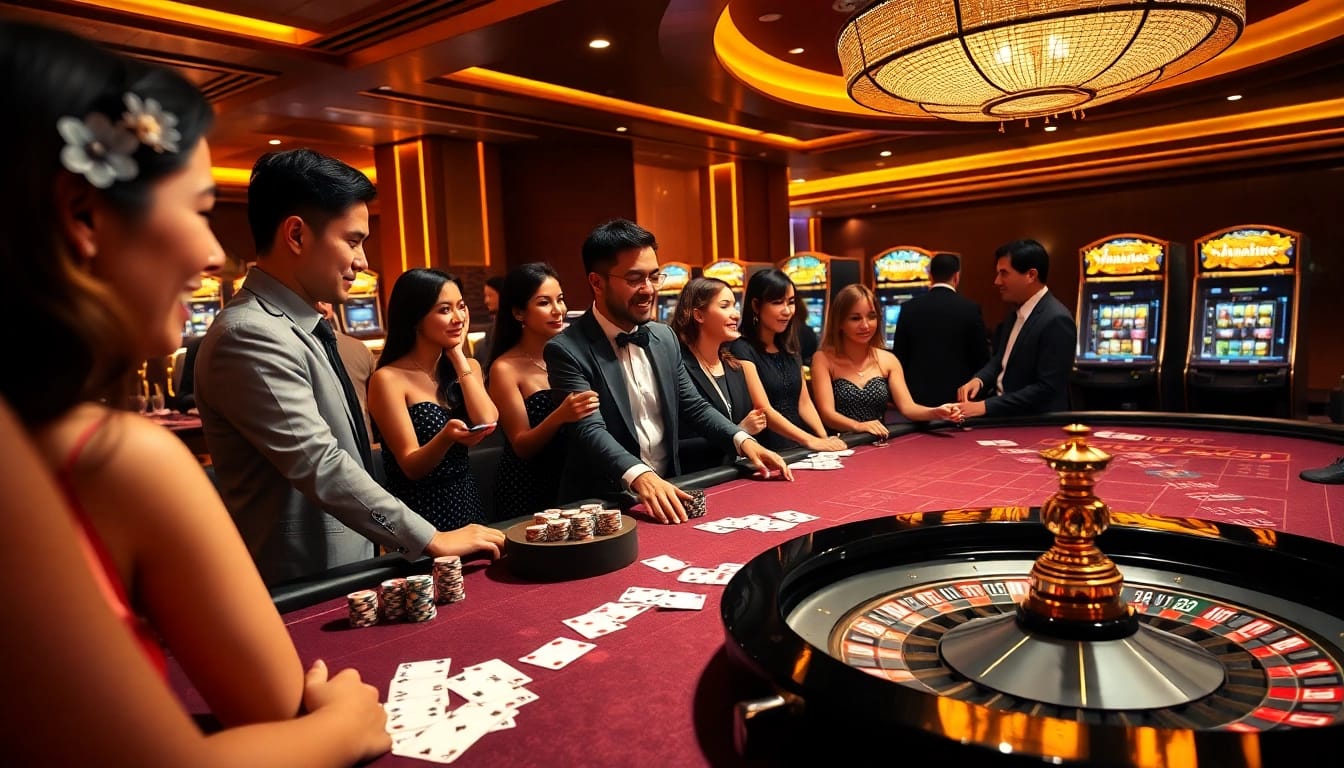 Players enjoying casino games at a vibrant table featuring hm88 poker chips and cards.