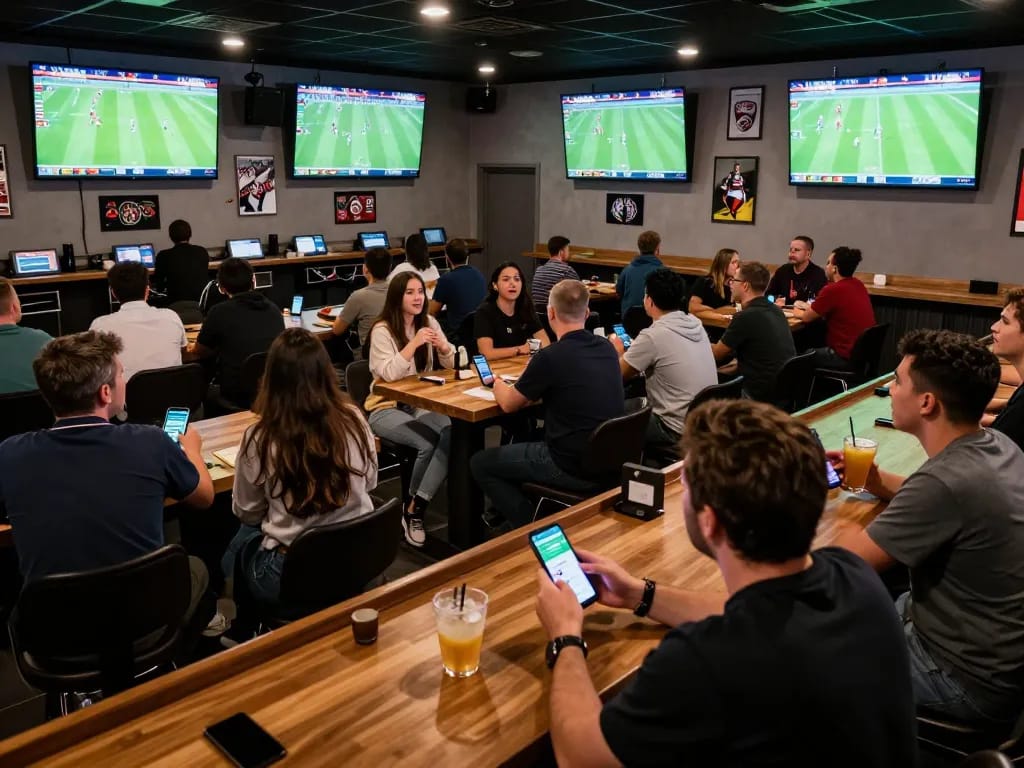 CakhiaTV view with sports fans placing bets on football matches in an exciting venue.