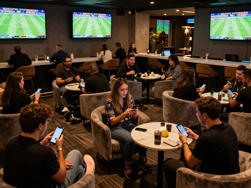Fans engaging with kkeonhacai sports betting app while watching live football matches in a vibrant lounge atmosphere.