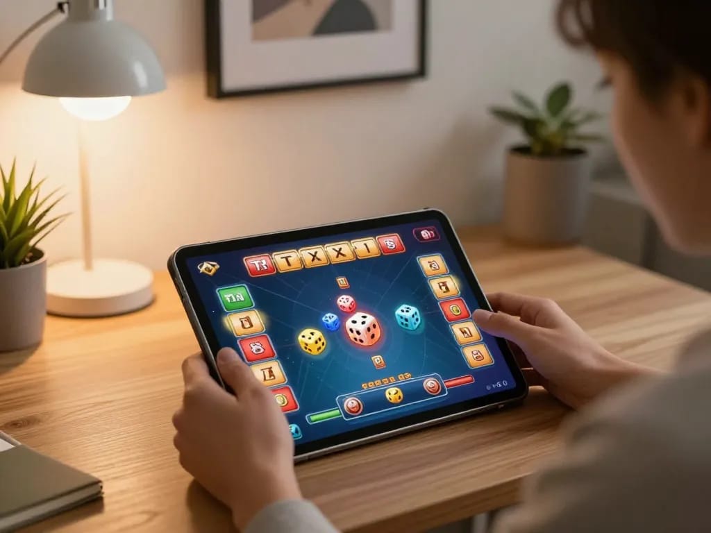Tài Xỉu gameplay on tablet in a cozy home setting, showcasing strategic online gambling.