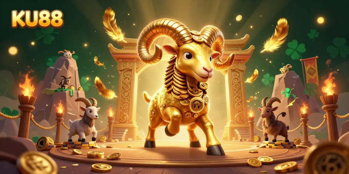 Engage in thrilling bets with KU88's vibrant casino showdown featuring a golden ram.