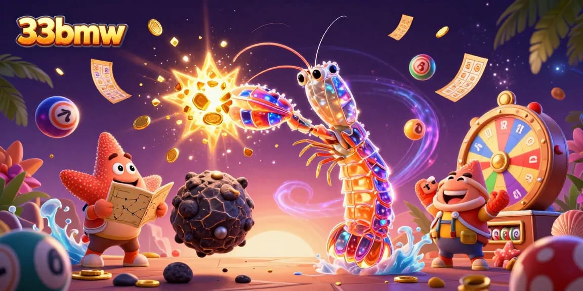33bmw's 3D cartoon mantis shrimp smashing asteroids, surrounded by vibrant lottery elements.