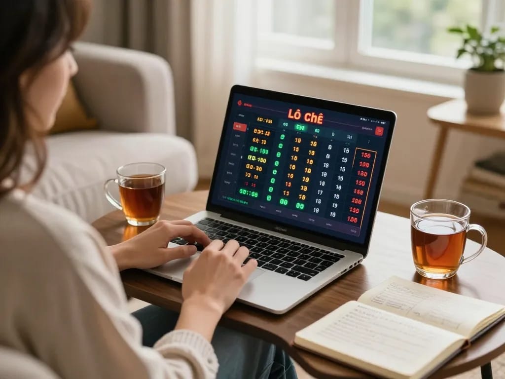 Player engaging in Lô Đề online gaming strategy session on laptop at home