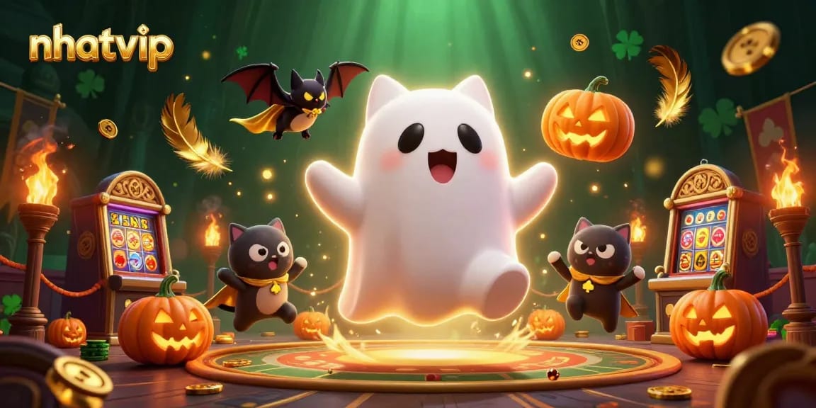 Experience thrilling gaming at nhatvip with a ghost cat and vampire bat in a vibrant haunted casino scene.