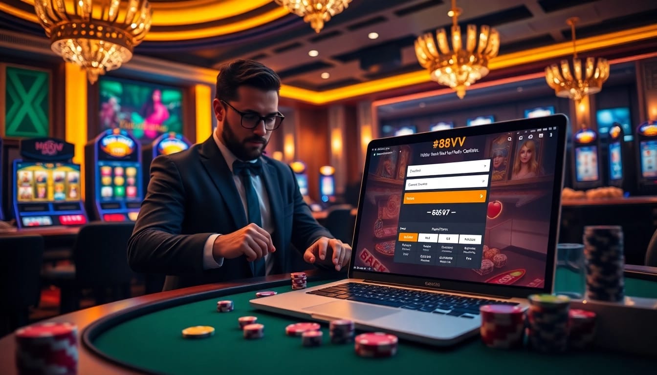 Engaging in online gambling at 88VV with vibrant casino elements and registration excitement.