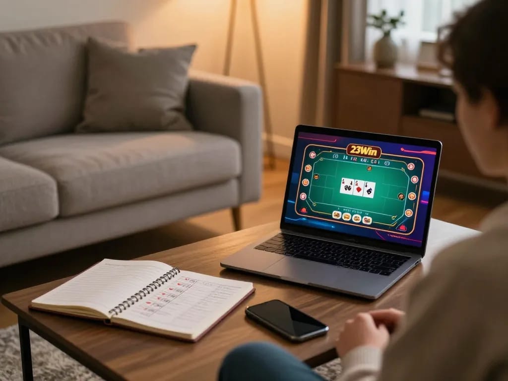 Player engaging in online gaming at 23Win, surrounded by strategy notes and a cozy atmosphere.