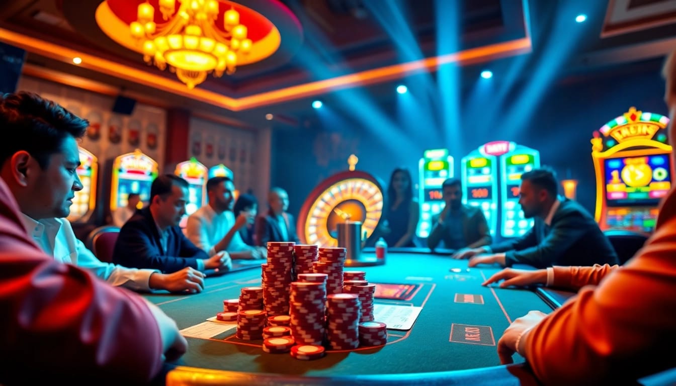 Players calculating ty le keo nha cai while enjoying a vibrant casino atmosphere.