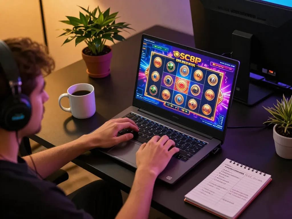 Player enjoying SC88 online casino slots on their laptop with a stylish setup