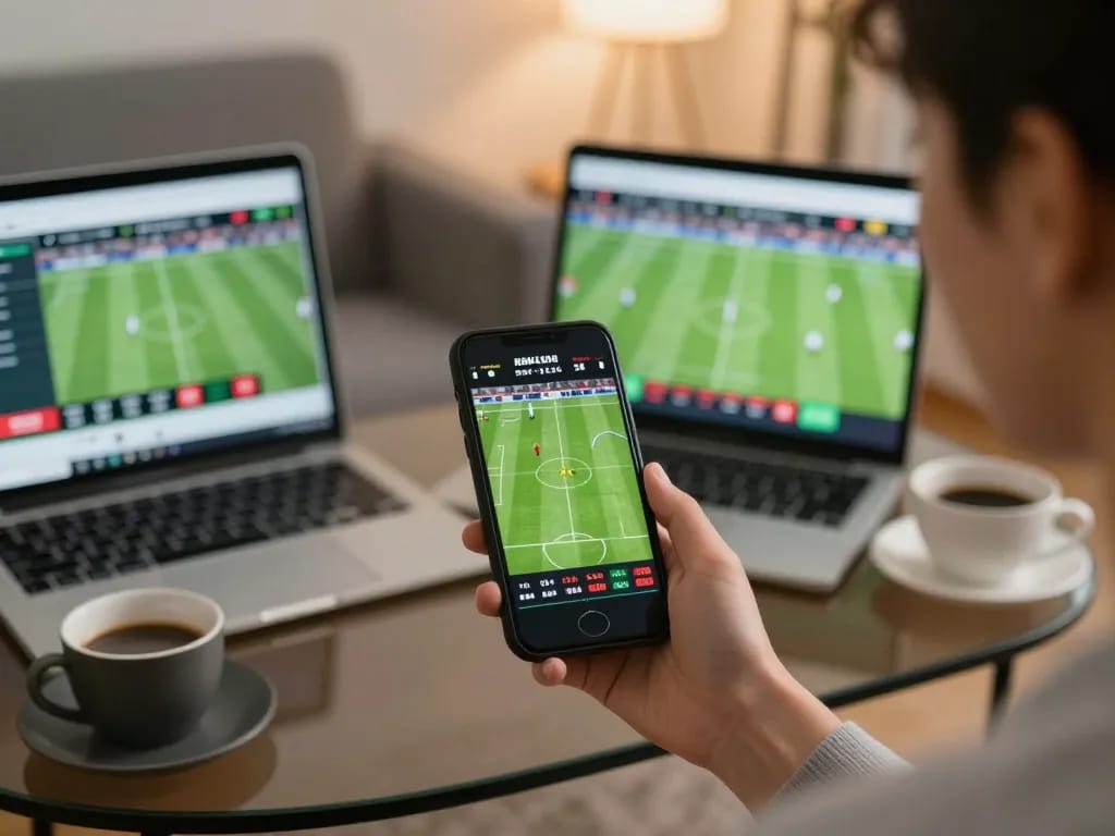 Soi Kèo interactive sports betting scenario with a user placing live bets on their smartphone at home