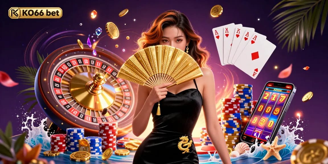 Immerse in the KO66 bet experience with a vibrant 3D casino illustration featuring luxury gaming elements.