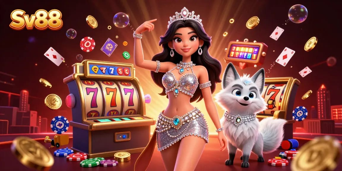The Sv88 casino scene showcases an elegant woman and an arctic fox amidst flying playing cards and coins, igniting excitement.