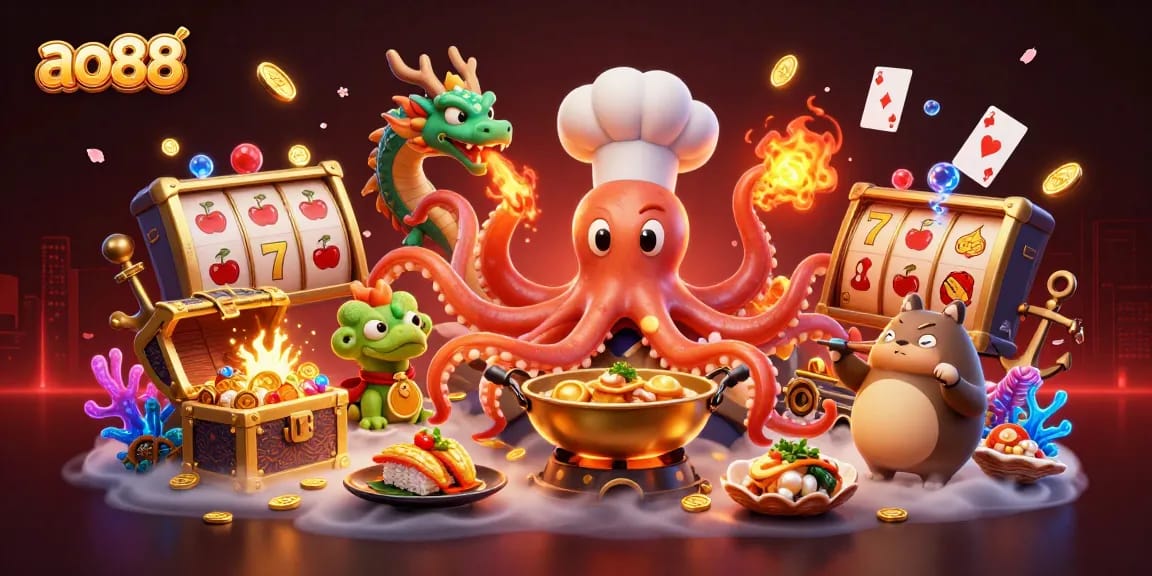 Spin and win with ao88 at a vibrant casino featuring a chef octopus and dragon!