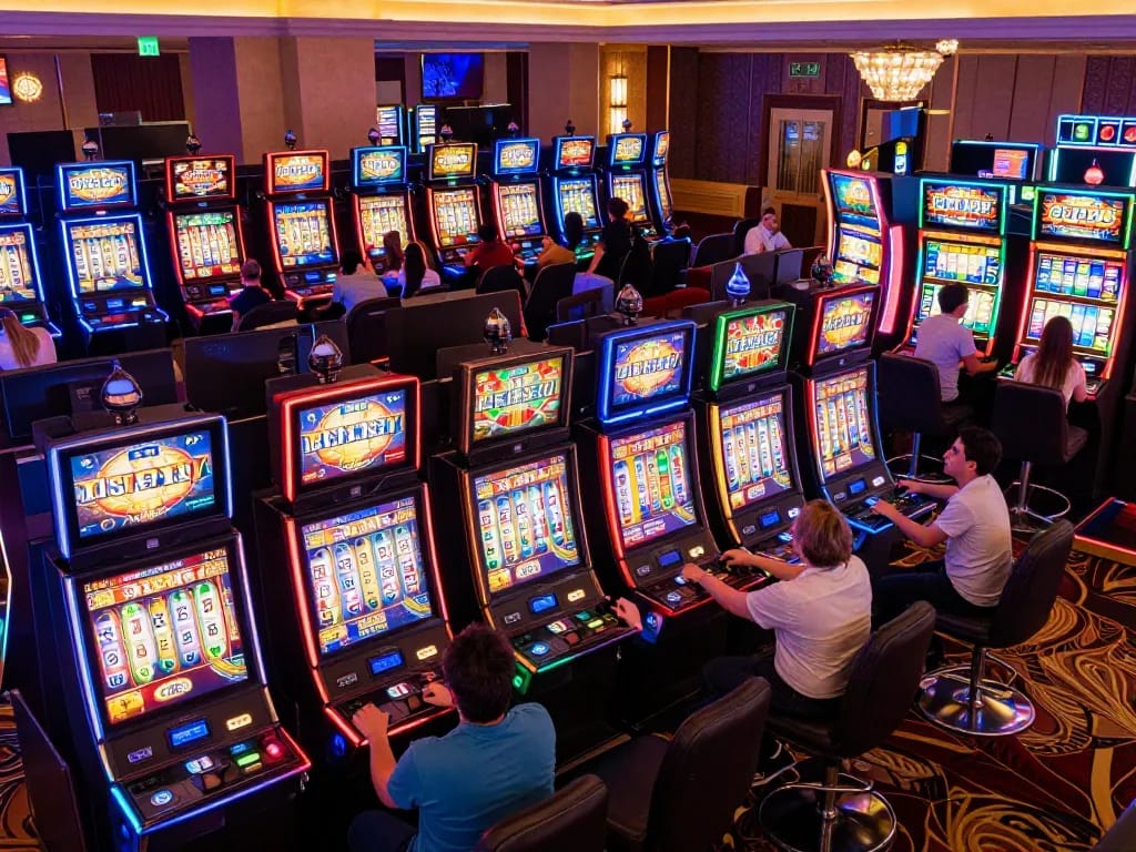 Players enjoying numerous slot777 machines in a lively casino environment.