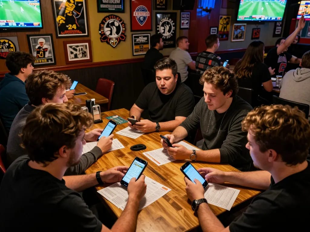 Engaged sports fans using nowgoal for live betting on their phones during a game