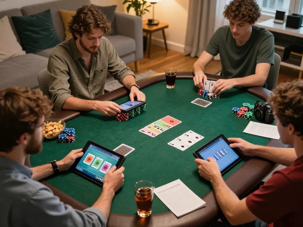 Players enjoying a competitive online poker match with fabet, surrounded by snacks and warm lighting.