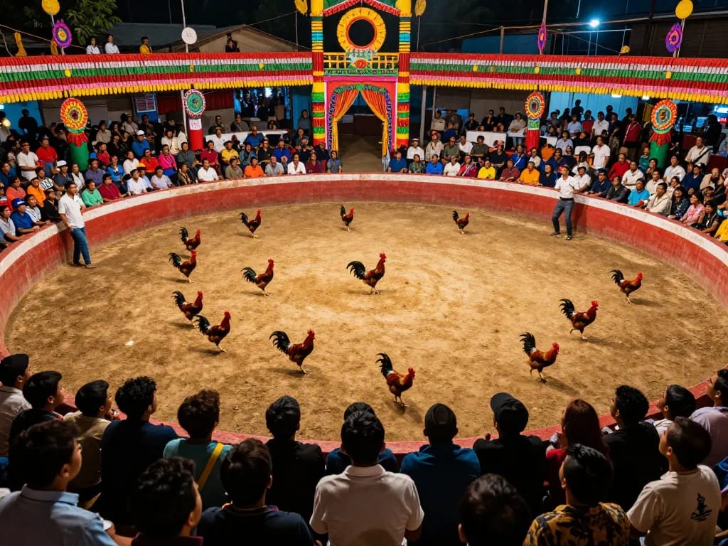 Engaging scene showcasing Đá gà thomo with intense cockfighting action and vibrant audience reactions.