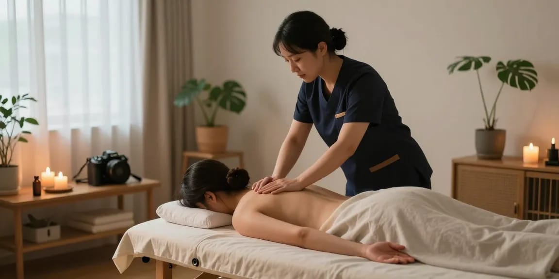Relaxing home 노원출장안마 session with a therapist and client in tranquil living room.