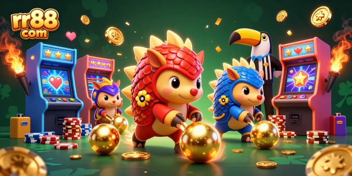Engage in thrilling fun at rr88 com with colorful pangolins bowling through poker chips in a vibrant casino scene.