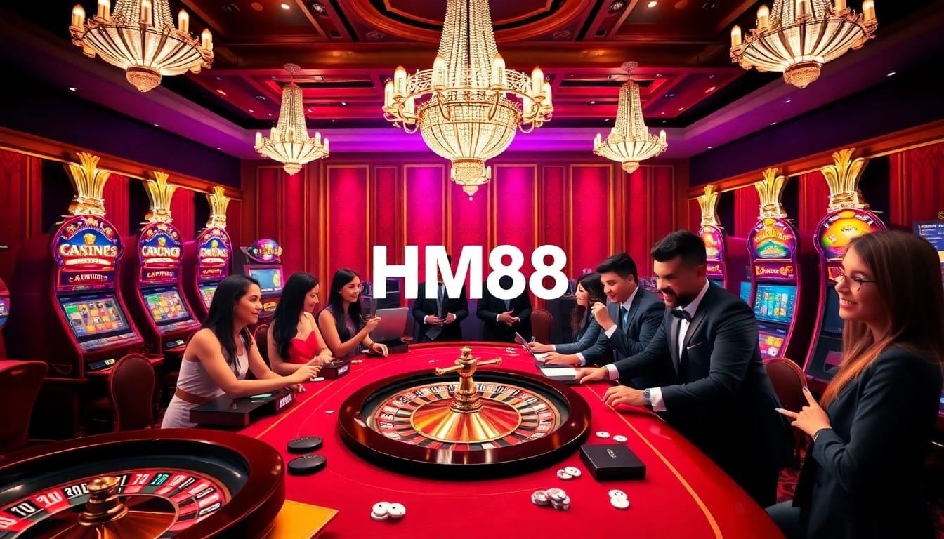Experience the excitement of HM88 at a luxurious casino table with vibrant roulette wheels and poker chips.