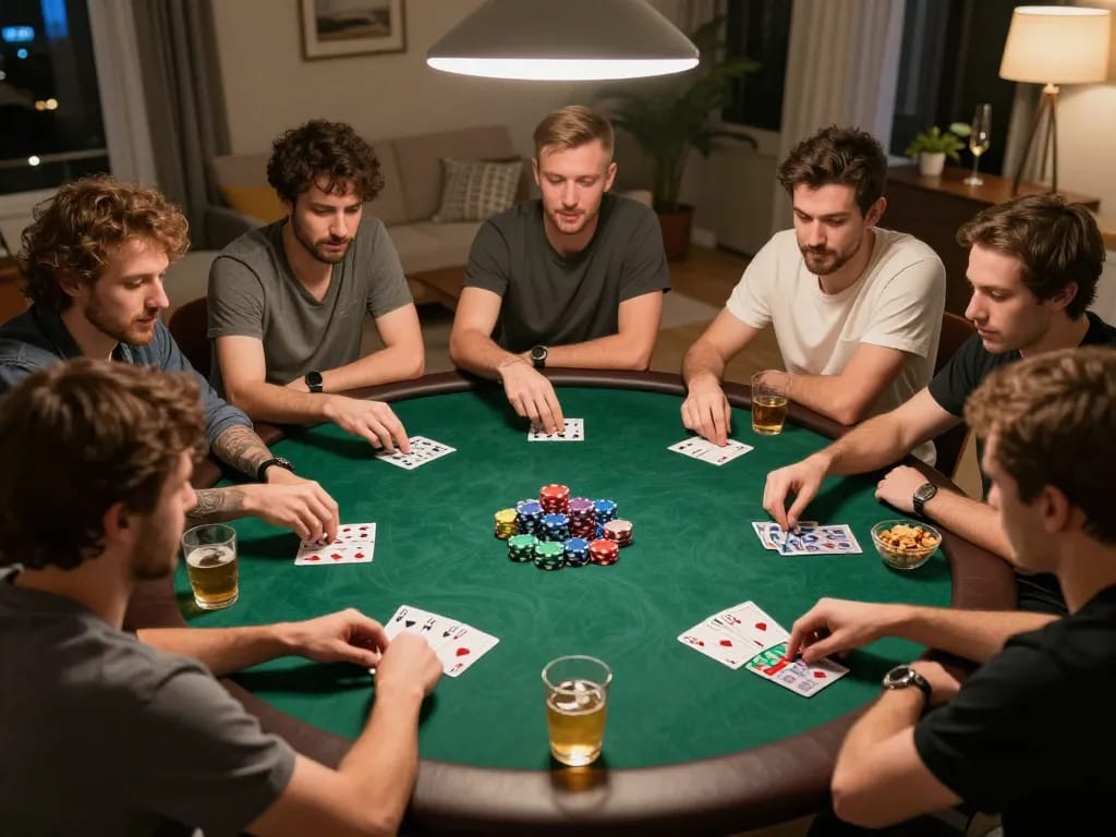 Friends enjoying a thrilling home poker night with sunwin chips and cards visible in action.