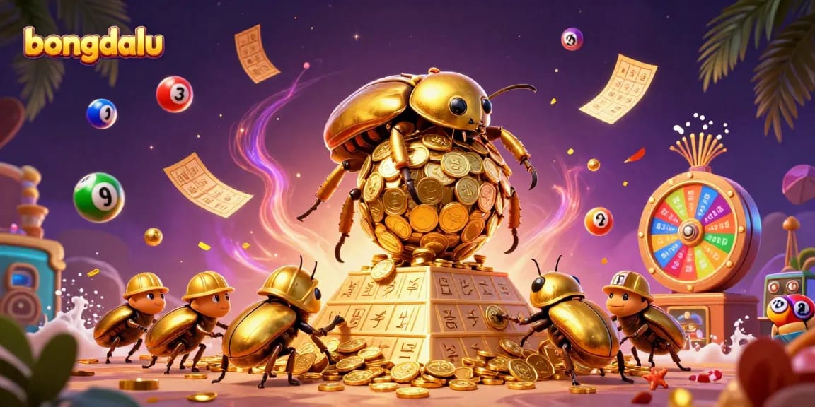 Engage with bongdalu as golden dung beetles roll a jackpot of coins amidst vibrant gambling elements.