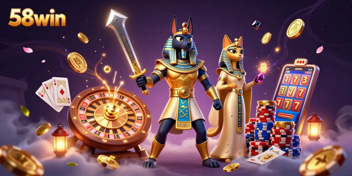 Experience thrilling gameplay at 58win with Anubis and Bastet amid glowing casino elements.