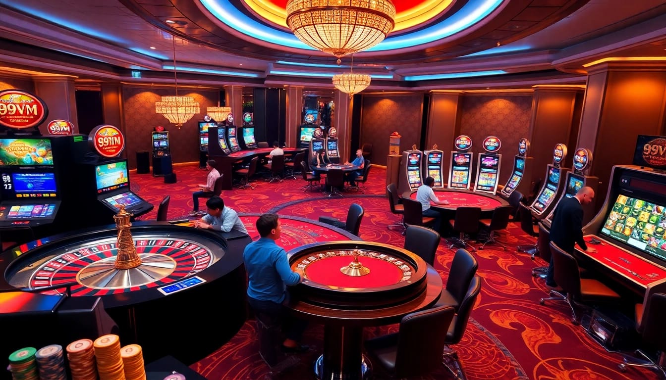 Engaging players at a luxurious 69vn online casino with vibrant slot machines and poker tables.