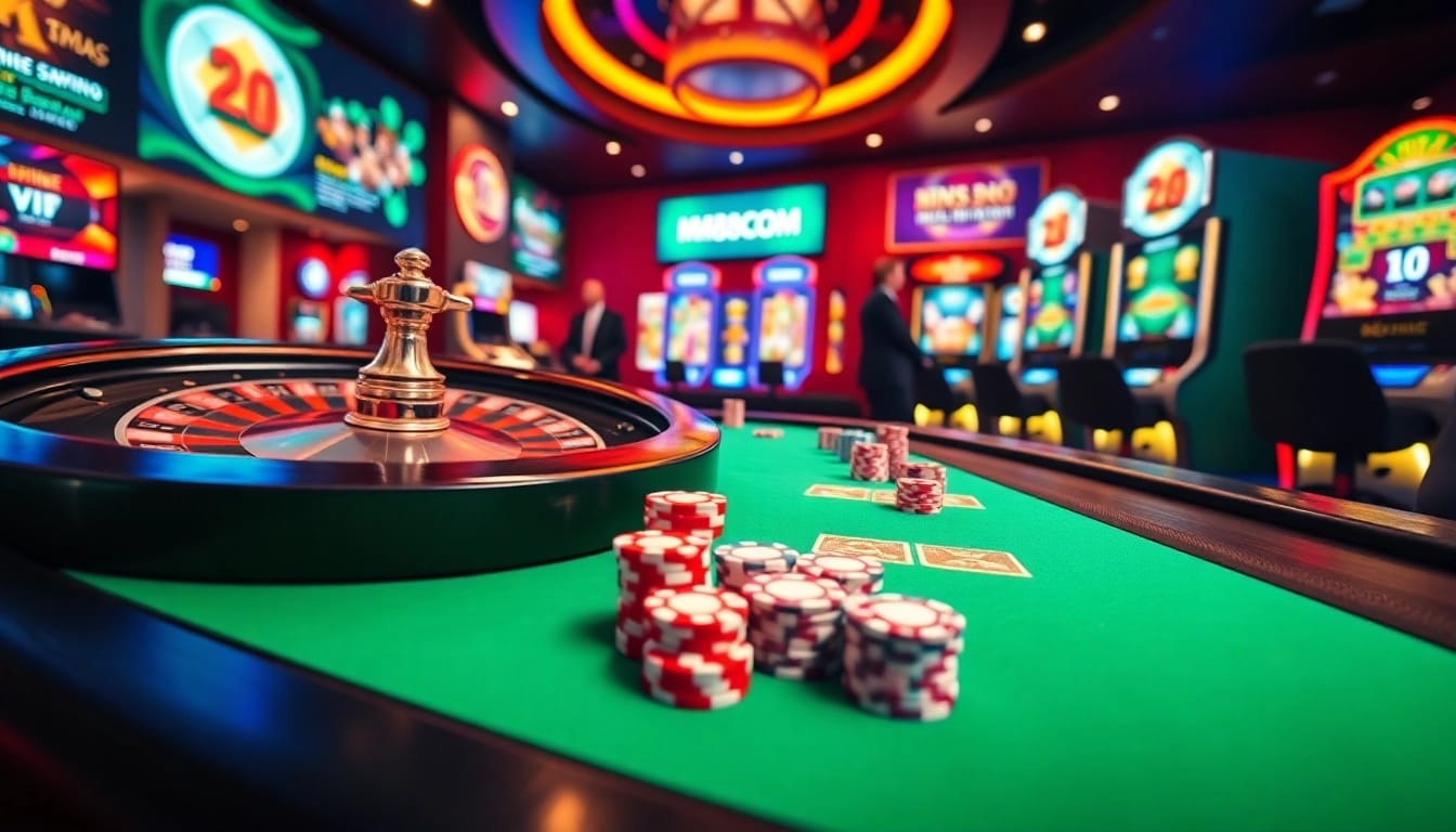 Experience luxury gaming at MM88 COM with vibrant casino tables, poker chips, and exciting slot machines.