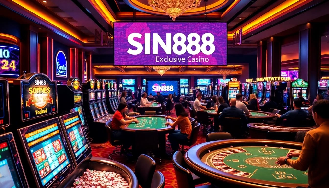 SIN88 casino scene with vibrant tables, slot machines, and enthusiastic players enjoying the gambling atmosphere.