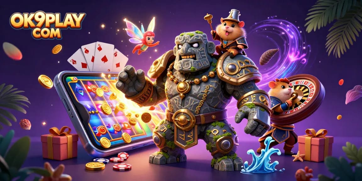 Experience the thrill of winning at OK9PLAY COM with dynamic illustrations of casino action and excitement.