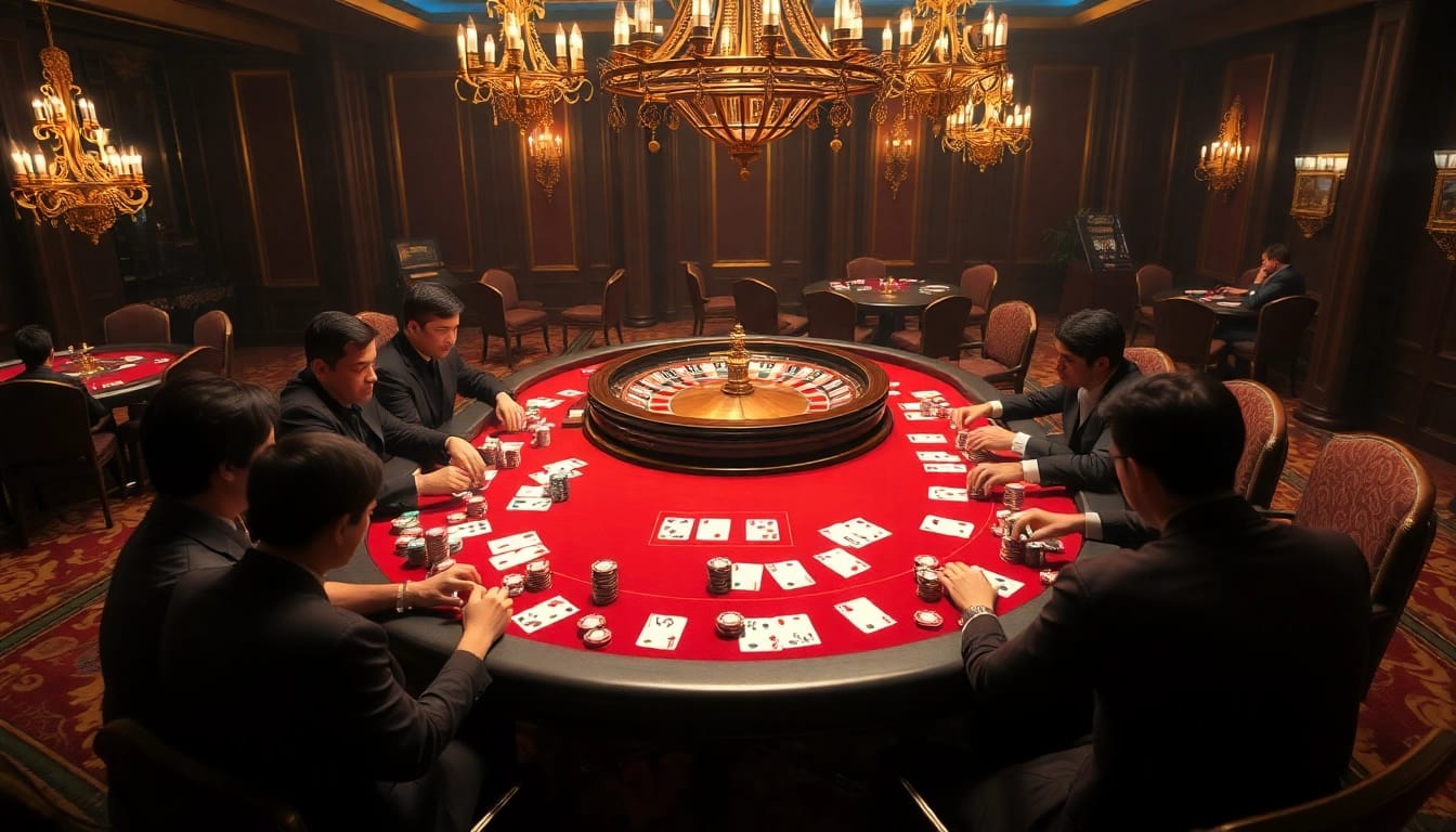 Players strategize at a high-stakes poker table in an MK8 casino setting brimming with excitement.