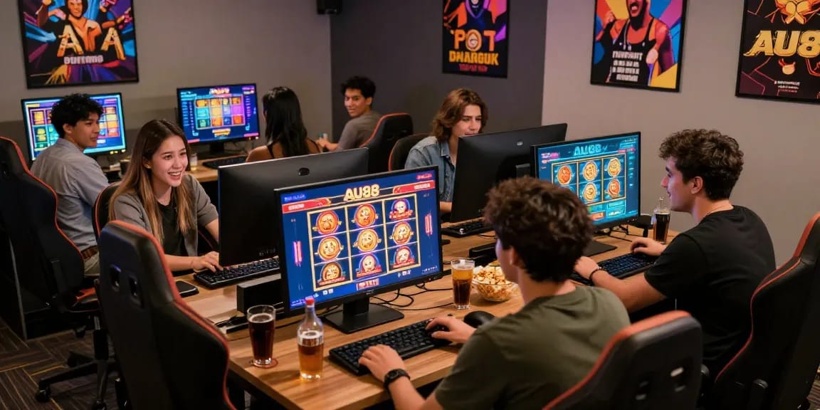 Engaged friends enjoying AU88 online casino games in a vibrant gaming environment.