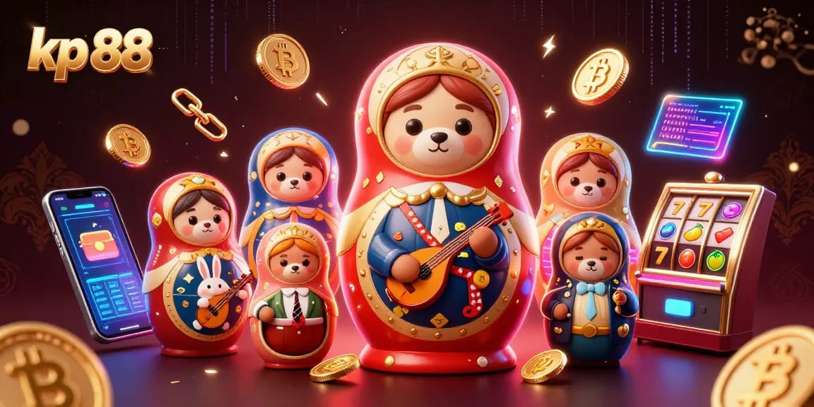 Engage with kp 88 in a vibrant casino scene featuring Matryoshka bears and crypto coins.