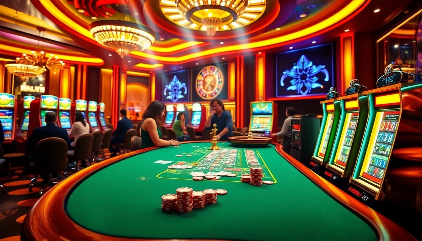 Casino players enjoying games and betting at thabet with vibrant tables and slot machines.