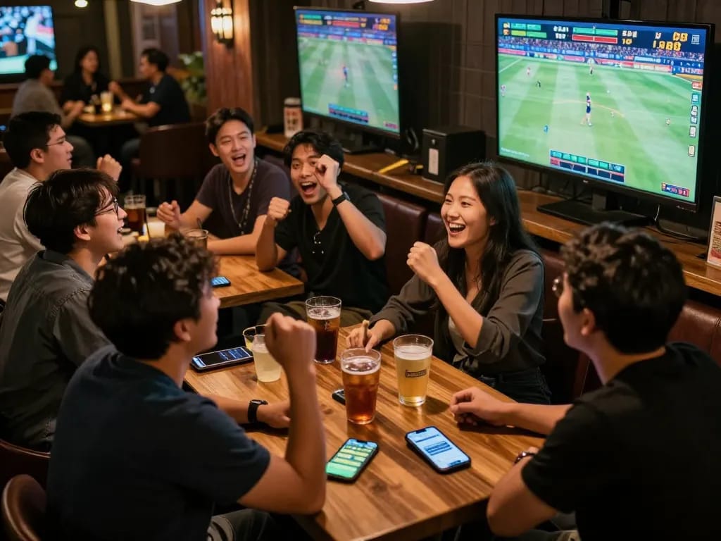 Cá cược Sky88 brings excitement to sports betting with friends enjoying live games at a packed bar.